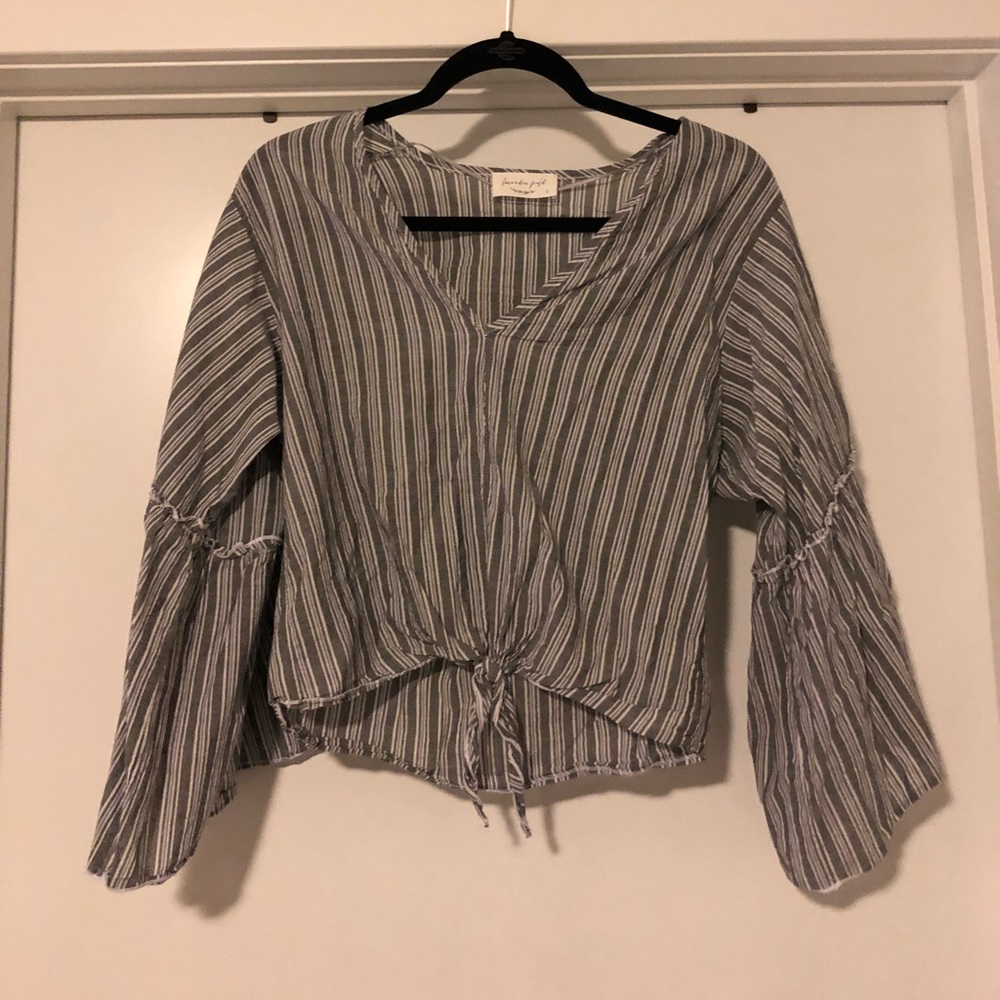 Gray and white striped crop blouse